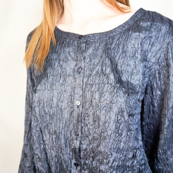 EILEEN FISHER Blue Silk Crinkle Button Shirt - Picture 8 of 8